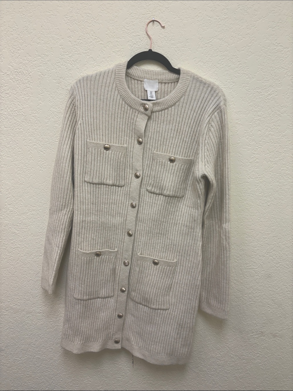H&M Cream Ribbed Button-Front Long Cardigan